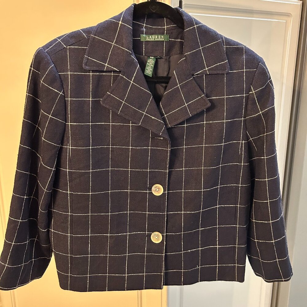 Lauren by Ralph Lauren Windowpane Cropped Lined Linen/Silk Jacket